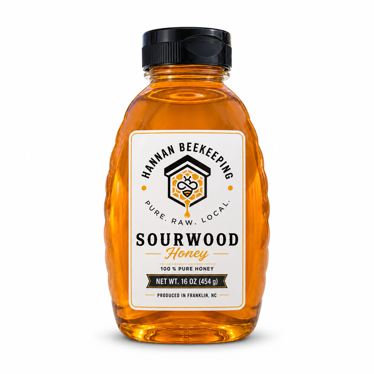 Hannan Beekeeping Sourwood honey, 16 oz PET bottle on a white background
