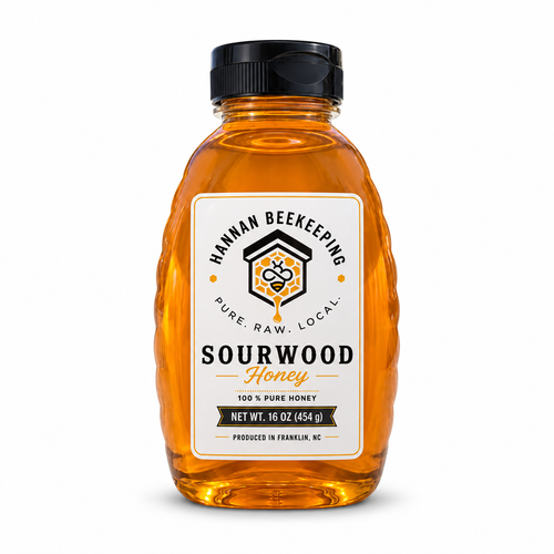 Hannan Beekeeping Sourwood honey, 16 oz PET bottle on a white background