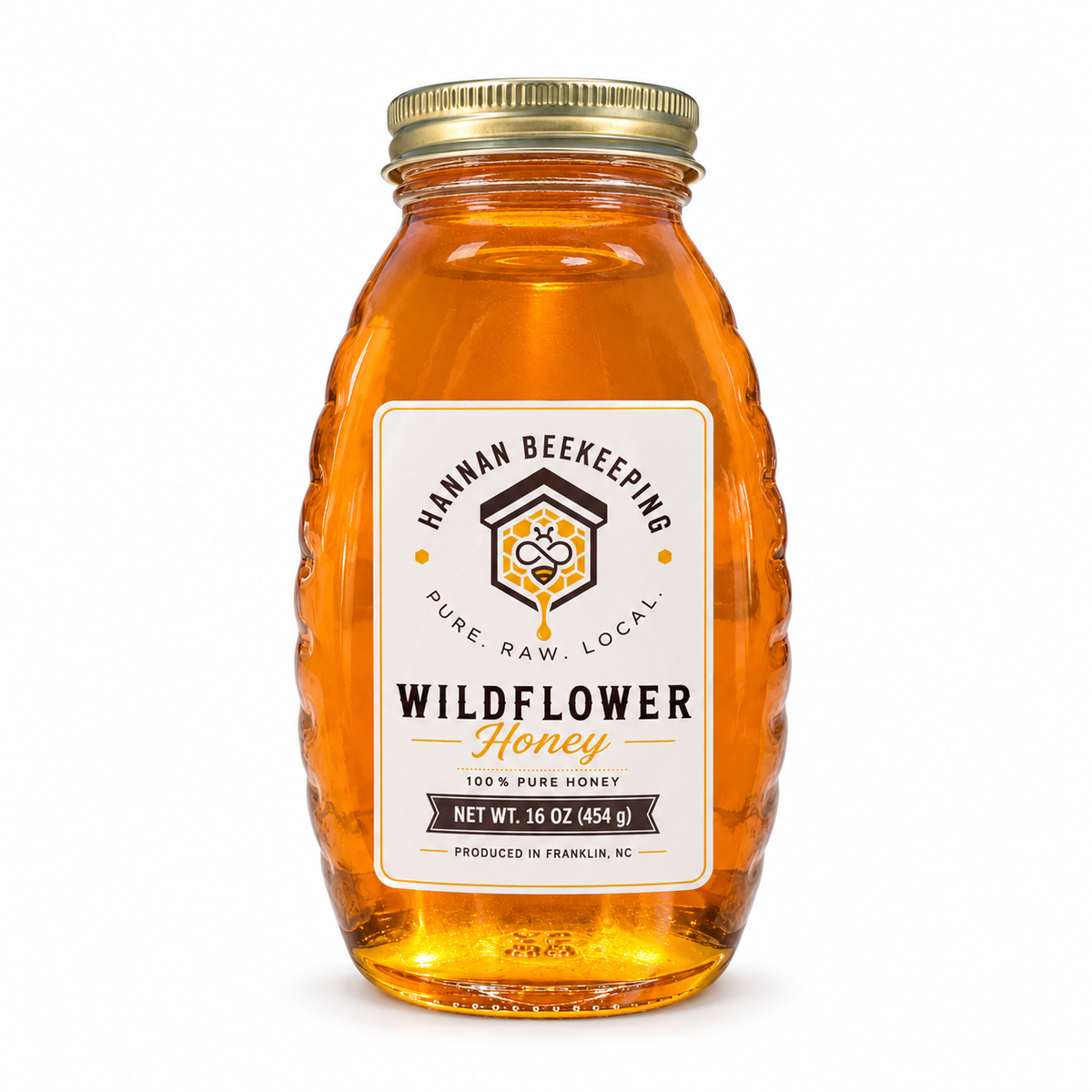 Hannan Beekeeping honey with a centered label on a uniform white background
