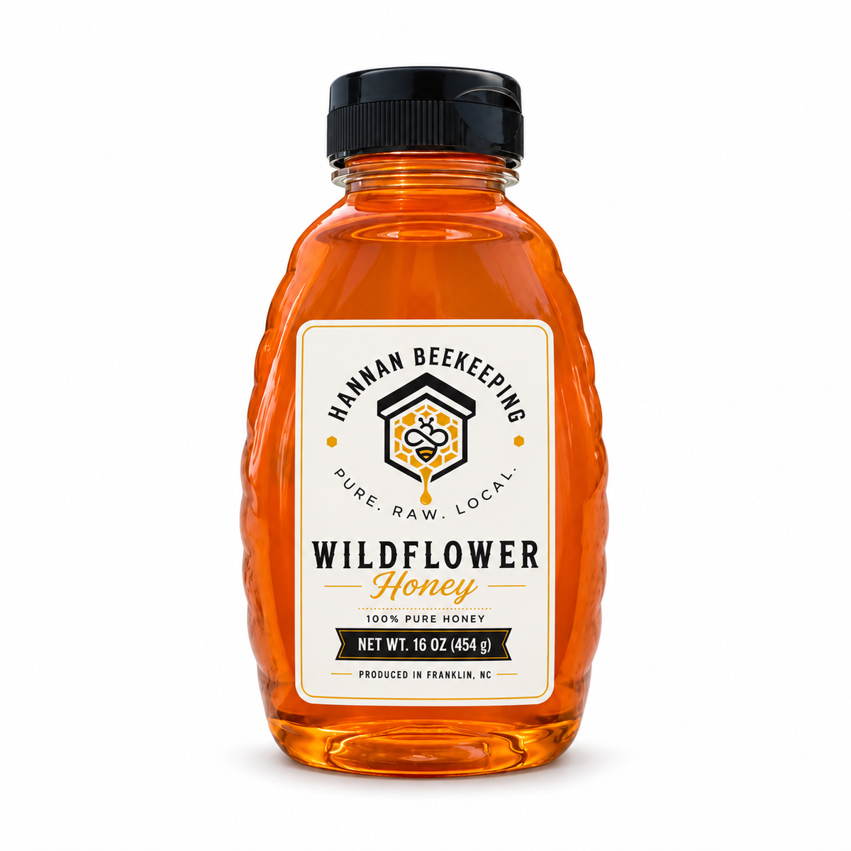Hannan Beekeeping Wildflower honey, 16 oz PET bottle on a white background