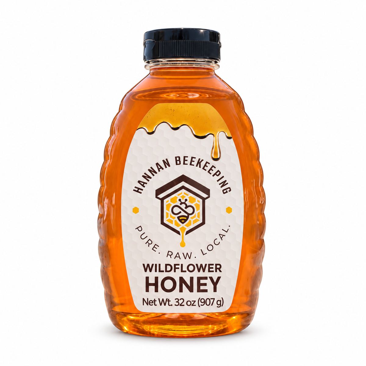 Hannan Beekeeping Wildflower honey in a 32 oz PET bottle on a white background